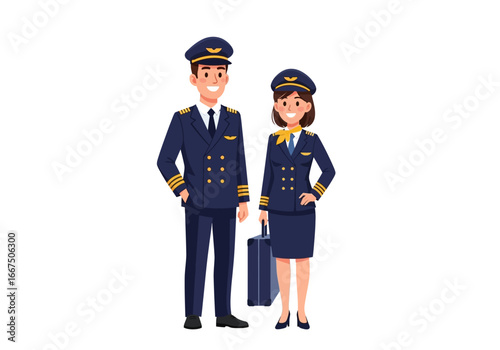 Smiling cartoon pilot couple, a male and female wearing professional uniforms, ready for their flight duties, representing aviation careers and teamwork in a modern flat design
