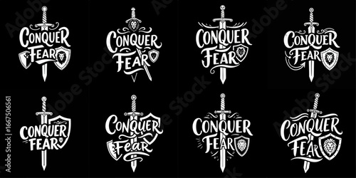 Collection of "Conquer Fear" motivational designs with swords, shields, and powerful lion imagery, embodying courage and strength against challenges.