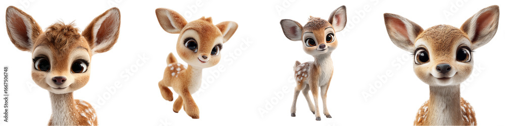 Fototapeta premium Adorable cartoon fawn characters with big eyes, perfect for children's books, greeting cards, and whimsical designs, adding a touch of joy