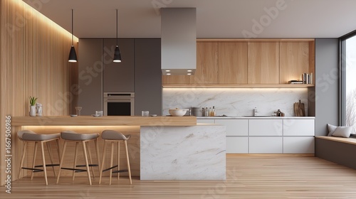 Modern scandinavian kitchen design with sleek wooden accents and minimalist fixtures