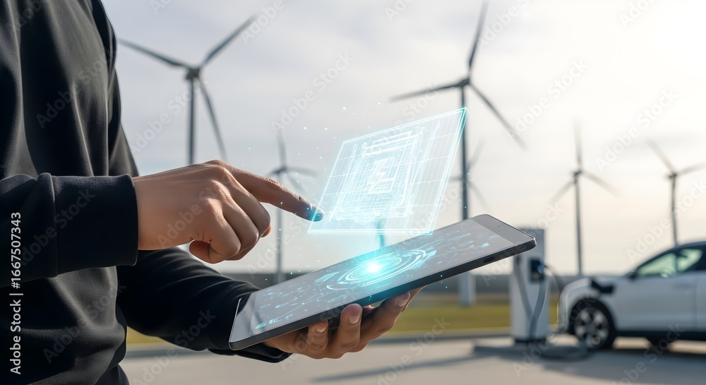 Naklejka premium Adjusting Holographic Solar Panel Diagram Above Tablet at Wind Farm