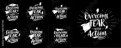 Dynamic set of "Overcome Fear with Action" hand-drawn lettering designs, featuring superhero capes and lightning bolts, perfect for motivation and empowerment.