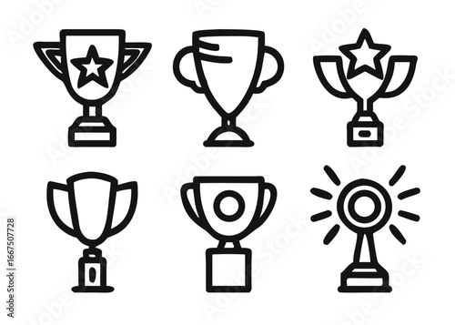 Hand drawn doodle award icon set featuring a winner trophy cup in a whimsical artistic style