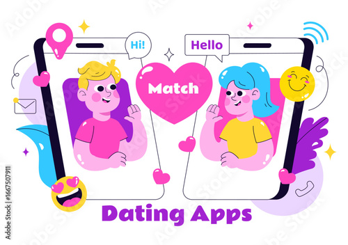 Online Dating App Vector Illustration Featuring a Couple with Male and Female on Smartphone, Showing Match, Love, and Relationships in a Background