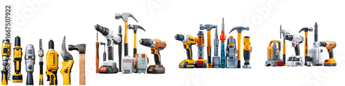 Assortment of power tools, hammers, and drills arranged on a shelf showcasing professional construction and DIY equipment