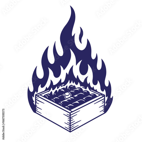 Vector illustration of a box of cigars enveloped in fiery blue flames isolated on white