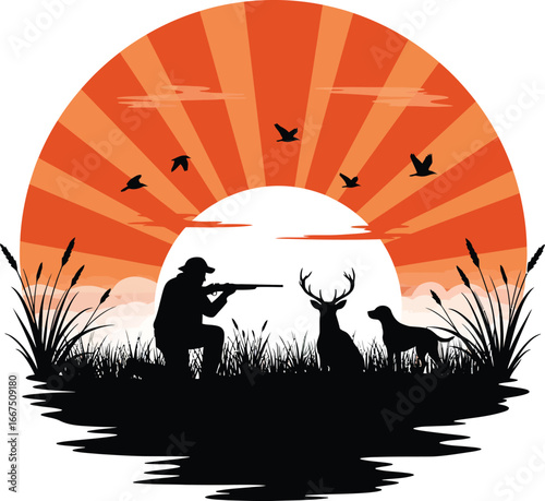 Silhouette hunter with rifle and dog near deer in grassy field with birds flying against orange sunburst sky