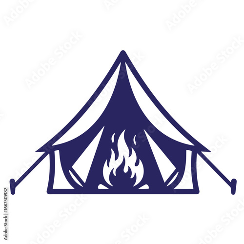 Vector illustration of a dark blue camping tent with a vibrant campfire inside for outdoor adventures