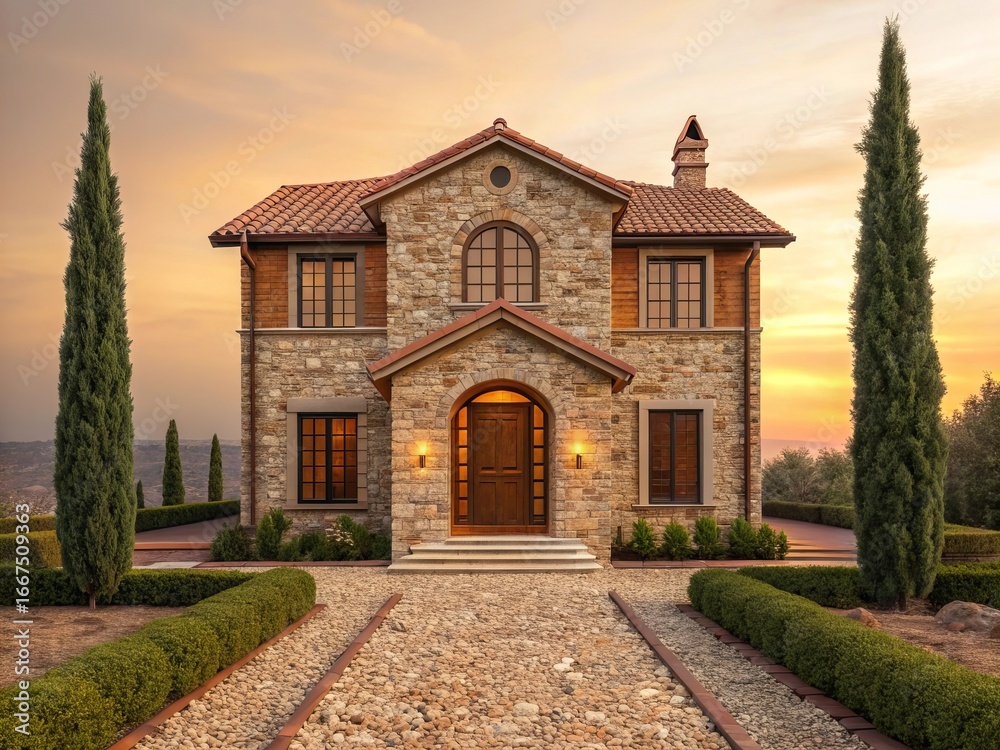 Naklejka premium Charming exterior of a single old stone house in traditional Mediterranean style, with rustic garden terrace, rocky soil, gravel paths and surrounded by tall Cypress trees