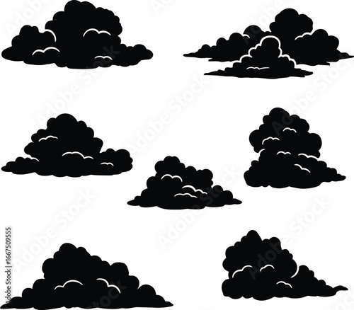 Collection of seven black silhouette clouds with white highlights on a white background vector
