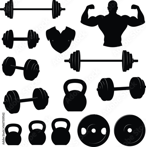 Black silhouette collection of weightlifting equipment and bodybuilder barbell dumbbell