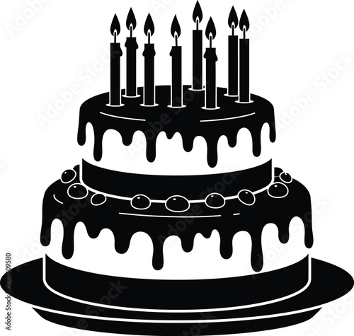 Black and white illustration of a two tiered birthday cake with lit candles and dripping frosting celebration