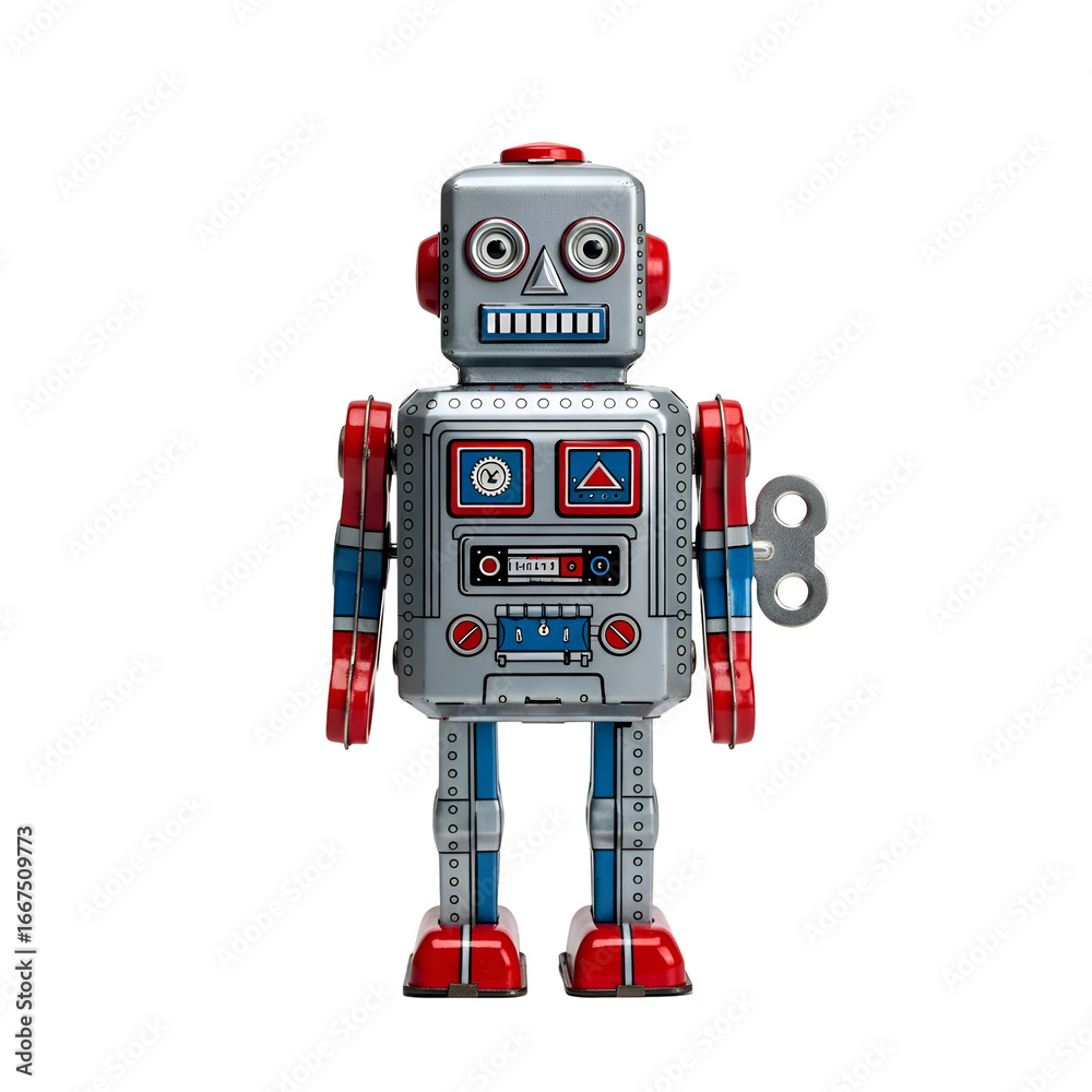 Fototapeta premium Isolated Toy Robot Stands on Transparent Background, Featuring Retro Design and Wind-Up Key