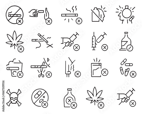 Set of outline icons related to quit addiction .Linear icon collection