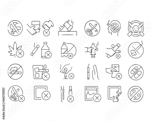 Set of outline icons related to quit addiction .Linear icon collection