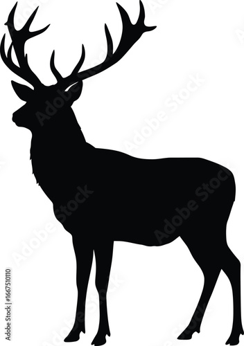 Black silhouette of a stag with large antlers standing on a white background deer