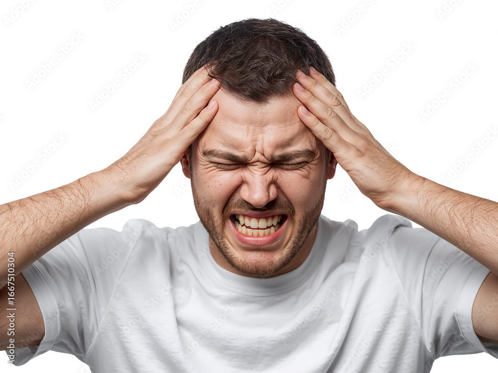 Naklejka premium Intense Migraine Agony Manifesting on Man's Face During an Isolated Head Pain Incident