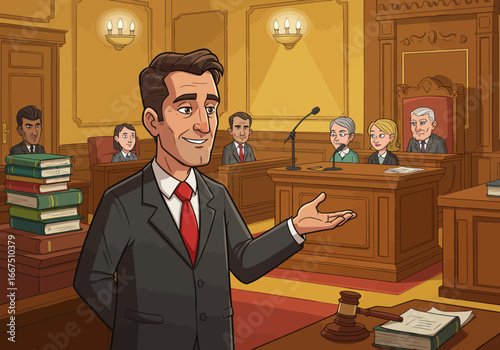 Cartoon Lawyer Presenting Case in Courtroom Setting.