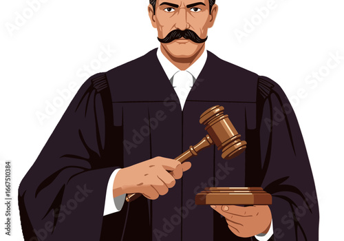 Judge with Gavel Illustration in Court Robe.