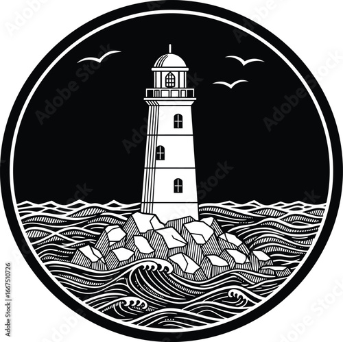 White lighthouse on rocks in wavy black sea with birds flying above ocean waves