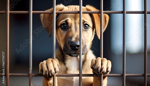 Sad puppy in a cage waiting for adoption.
