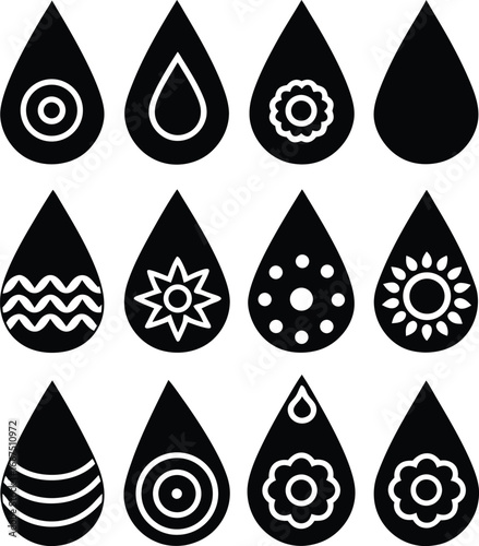 Twelve black water drop icons with white decorative elements symbol