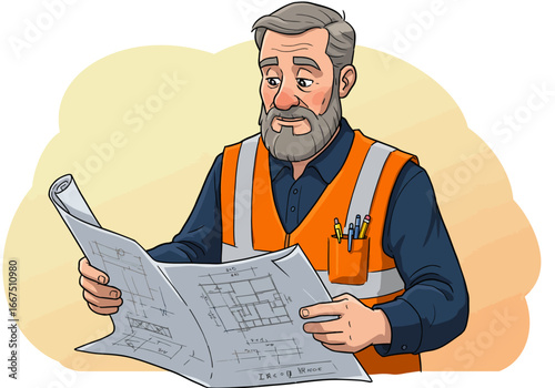 Cartoon Construction Worker Examining Blueprints with Orange Safety Vest.