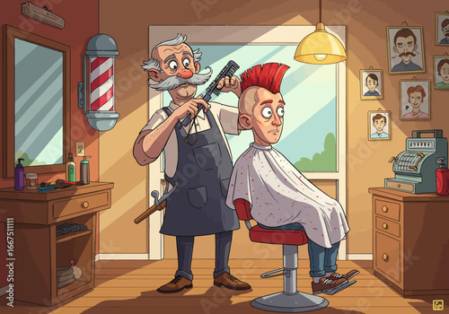 Barber giving a punk haircut in a vintage barbershop setting.