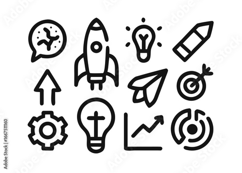 Hand drawn business startup idea concept line icons representing innovation growth and entrepreneurship elements