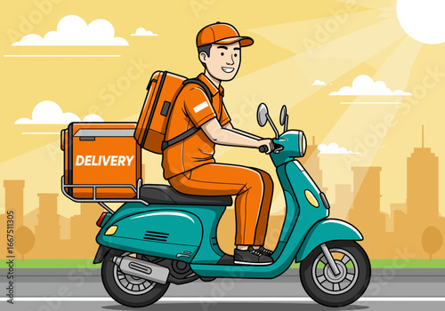Delivery Man on Scooter with Orange Box and Backpack.