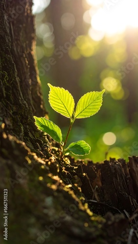 New sprout emerging from tree trunk