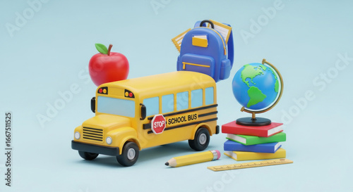 A yellow school bus with a red stop sign on a blue background.