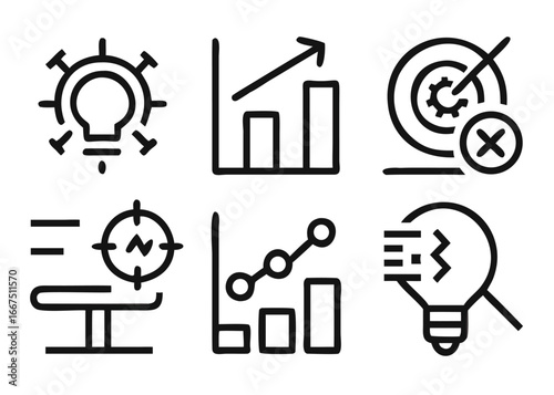 A comprehensive collection of modern line style web icons representing key business strategy concepts and elements for digital platforms and presentations