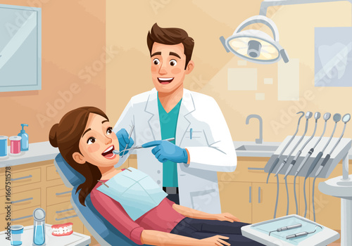 Dentist examining patients teeth with dental instruments in clinic.