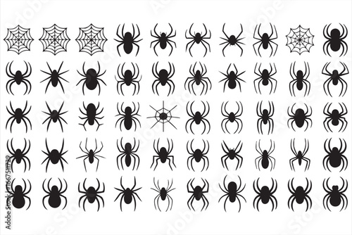 Halloween spider icons with creepy crawlers and spiderwebs for seasonal art