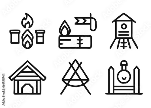 Charming cabin and lodge icon set featuring adjustable line weight for versatile design applications