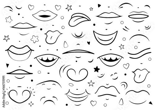 Collection of cartoon mouth expressions showing happiness and sadness with hand elements for graphic design projects
