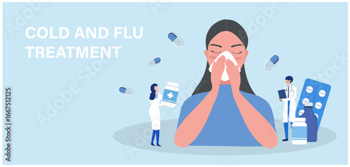 Woman sneezing and cough, using handkerchief suffering from cold, virus and flu. She get treatment from doctor vector illustration