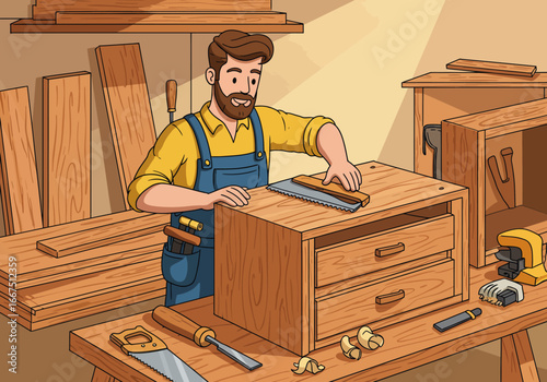Cartoon Carpenter Smoothing a Wooden Cabinet with a Smoothing Plane.