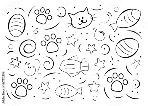 Charming hand drawn paw print pattern design for cat toys and pet accessories in repeating black yellow cyan magenta
