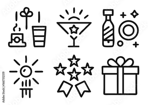 A versatile collection of celebration themed graphic elements with adaptable stroke thickness for diverse design projects