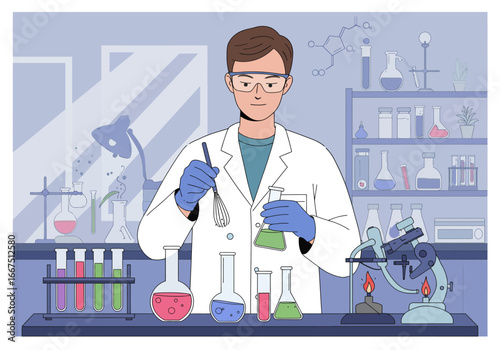 Scientist in Lab Coat Conducting Experiment with Flasks and Equipment.
