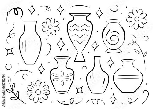 Charming ceramic vases and pottery forms hand drawn with a crayon texture for artistic projects