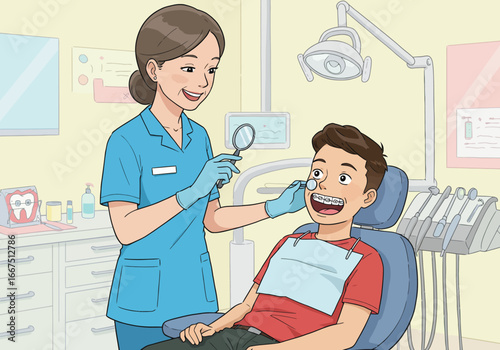 Dentist Examining Boys Teeth with Braces in Clinic.