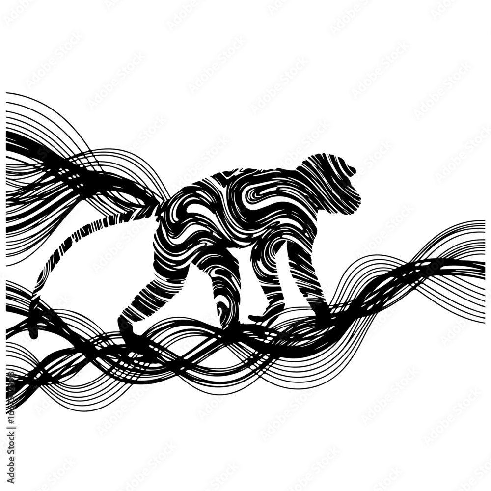 Fototapeta premium Abstract Wave Lines Monkey Silhouette Art: Modern Animal Designs