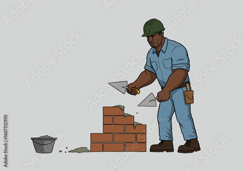 Cartoon Bricklayer Constructing a Brick Wall with Trowels.