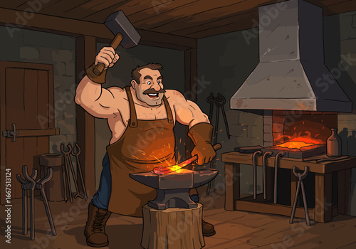 Cartoon Blacksmith Forging Metal with Hammer in Workshop.