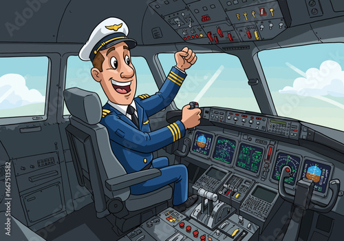 Cartoon Airplane Pilot in Cockpit Celebrating Flight.