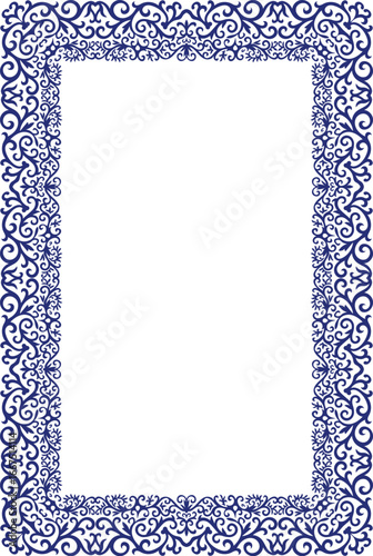 Ornamental Blue Frame with Detailed Swirls and Floral Accents, Decorative Frame with Ornamental Border, Elegant Floral glass frame design, tiles floral decoration, Border with Intricate Leaf and Bloom