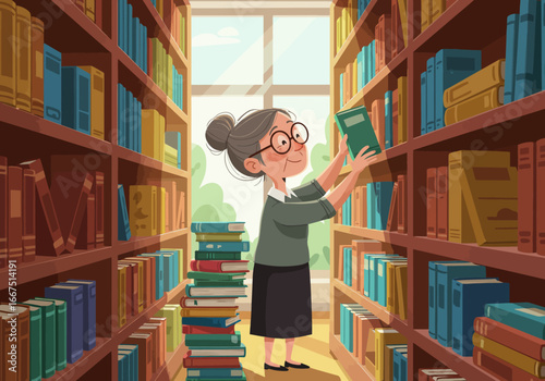 Librarian Arranging Books on Shelves in Library.